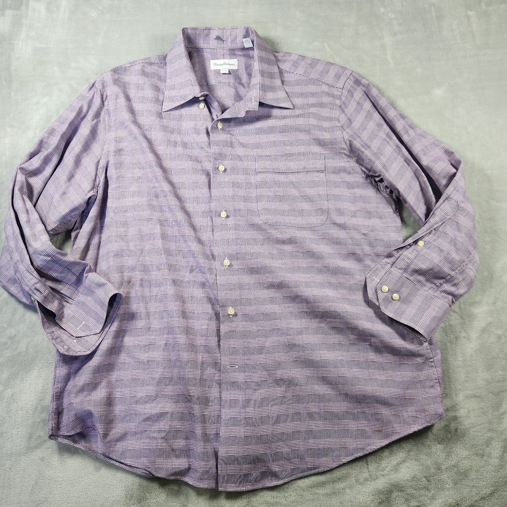 Tommy Bahama Mens‎ 17 32/33 Shirt Purple Check Long Sleeve Single Pocket XL